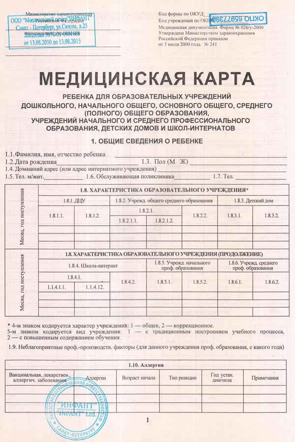 Медицинская карта ребенка в садик как заполнять